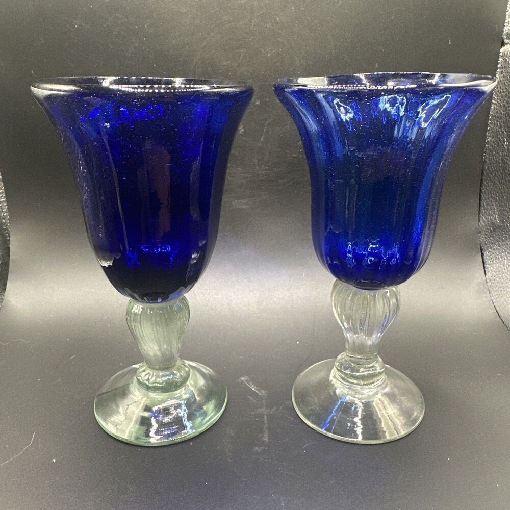 Mexican Cobalt Blue Hand Crafted Blown Water Goblet Clear Base Set Of 2